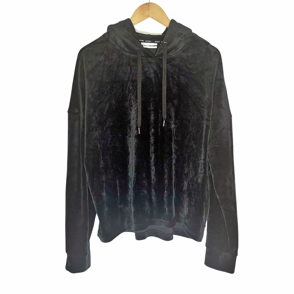 🎄 3/$15 DKNY Sport Black Velour Velvet Hoodie L